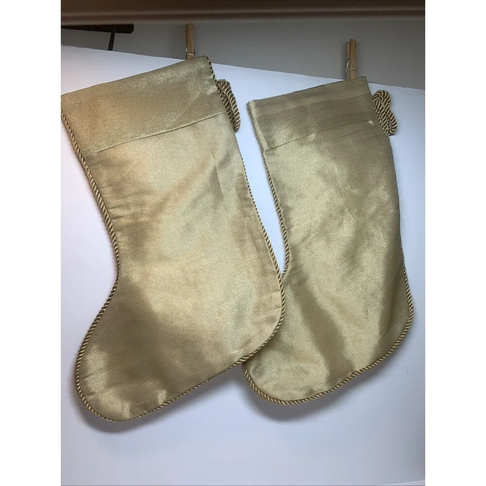 Christmas Stockings Gold Bead Embroidered Pair Holiday Decorations Presents